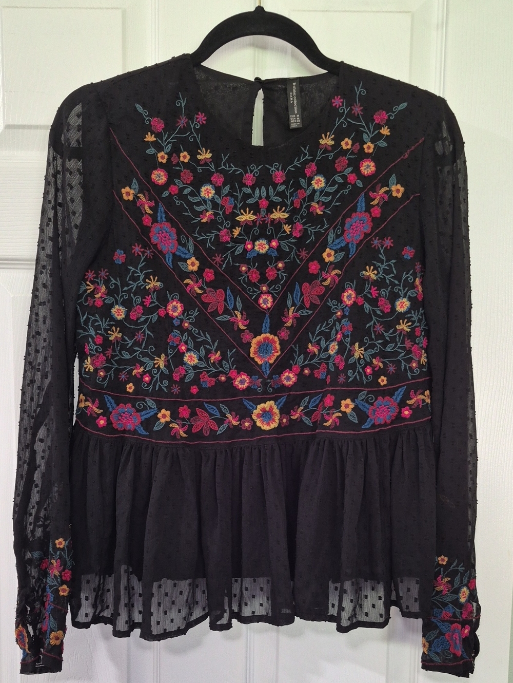 EUC Zara Boho Embroidered Black Peplum Blouse - Floral Detail - Medium
